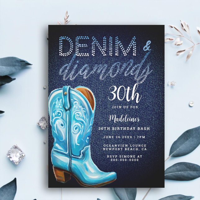 Invitation Denim Diamonds Cowgirl Boot Rustique fête d'annive (denim diamonds 30th birthday party invitation for women rustic glam barn country blue cowgirl boot)