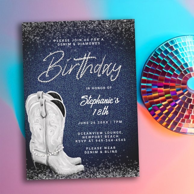 Invitation Denim Diamonds Cowgirl Boots Bling 18e anniversair (denim and diamonds 18th birthday invitation women cowgirl boots country western party elegant classy)