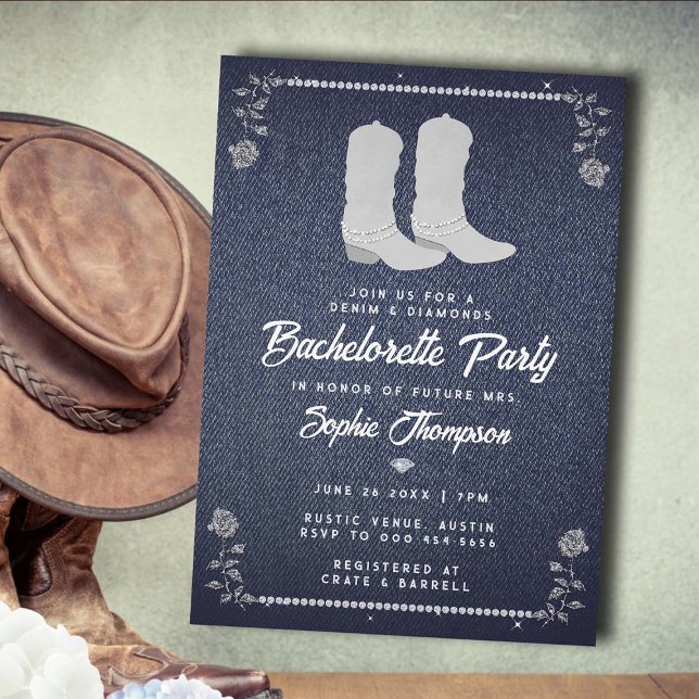 Invitation Denim Diamonds Cowgirl Boots Western Bachelorte (denim diamonds bachelorette party invitation country western cowgirl boots classy bling roses chic)