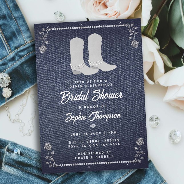 Invitation Denim Diamonds Cowgirl Bottes Fête des mariées occ (denim diamonds bridal shower invitation classy rhinestone cowgirl boots roses western country chic)