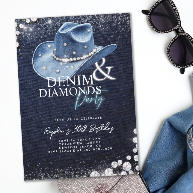 Invitation Denim Diamonds Cowgirl Casquette 30e fête d'annive (denim and diamonds 30th birthday party invitation blue white cowgirl hat bling sparkles classy)