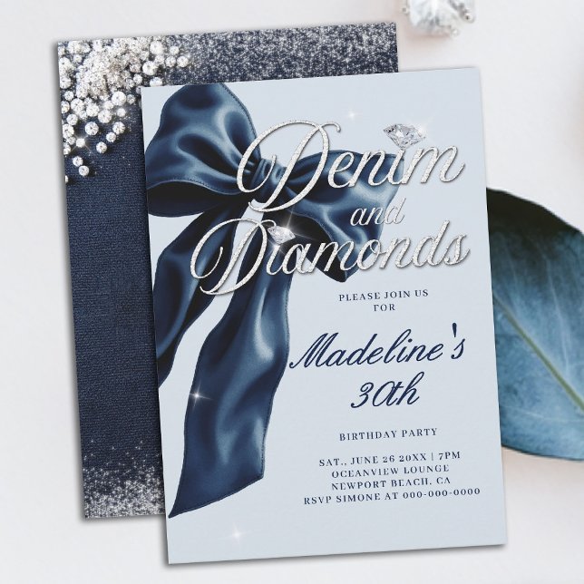 Invitation Denim Diamonds Dark Blue Bow 30th Birthday Party (denim and diamonds 30th birthday party invitation blue white dark bow bling sparkles classy)