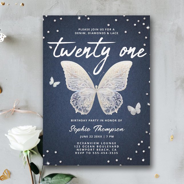 Invitation Denim Diamonds dentelle papillon moderne 21e anniv (denim diamonds lace 21st birthday invite for girls elegant modern classy chic rhinestones blue jeans)