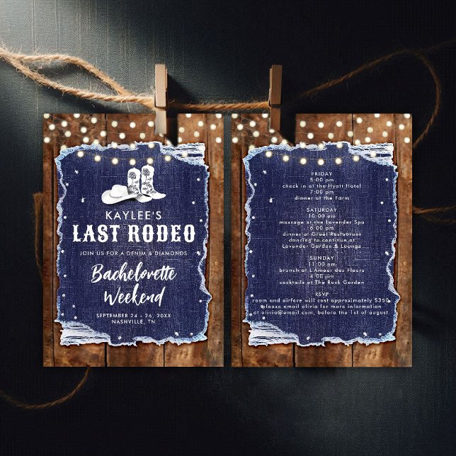 Invitation Denim Diamonds Dernier Rodéo Rustique Chic Bachelo (denim and diamonds bachelorette party invitation itinerary rustic wood cowgirl hoedown white blue)