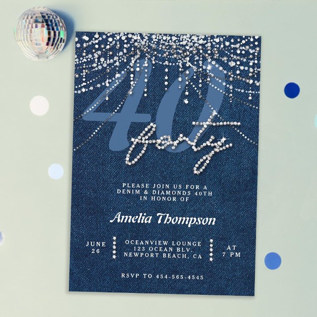 Invitation Denim Diamonds Drips rideau 40e fête d'anniversair (denim diamonds 40th birthday invitation for women elegant classy rhinestones modern denim glitter)