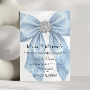 Invitation Denim Diamonds Élégant Bleu Aquarelle Nœud