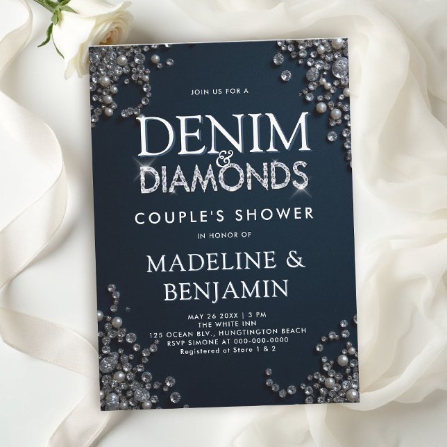 Invitation Denim Diamonds Élégant Bleu Mariage Champêtre Coup (denim and diamonds wedding shower invitations template couple bridal western country rustic)