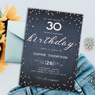 Invitation Denim Diamonds Elegant Classy 30th Birthday Party
