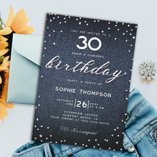 Invitation Denim Diamonds Elegant Classy 30th Birthday Party (denim diamonds 30th birthday party women elegant rustic boho rhinestones glitter chic modern classy)