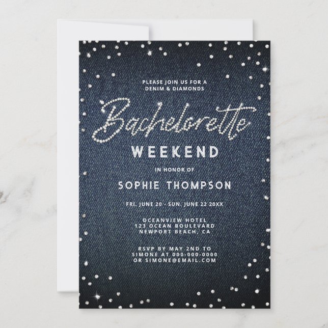 Invitation Denim Diamonds Elegant Classy Bachelorette Week-en (Devant)