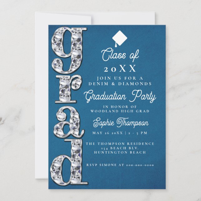Invitation Denim Diamonds Elegant Script Graduation Party (Devant)