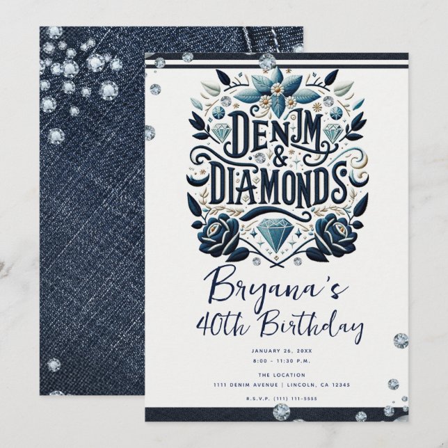 Invitation Denim & Diamonds Fête d'anniversaire à broderies f (Devant / Derrière)