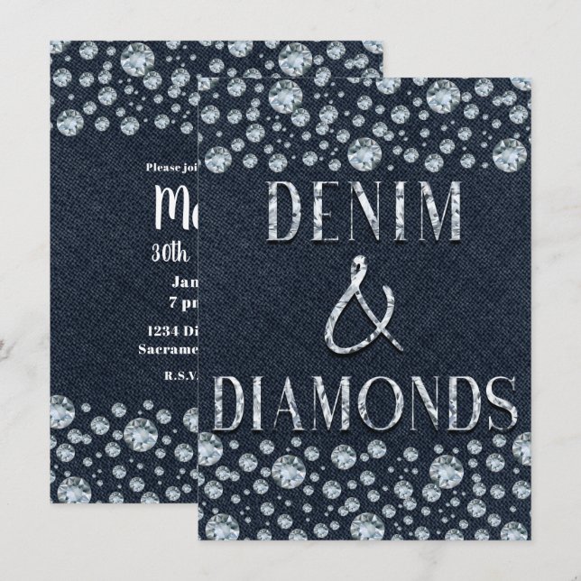 Invitation Denim & Diamonds Fête d'anniversaire pailletée et  (Devant / Derrière)