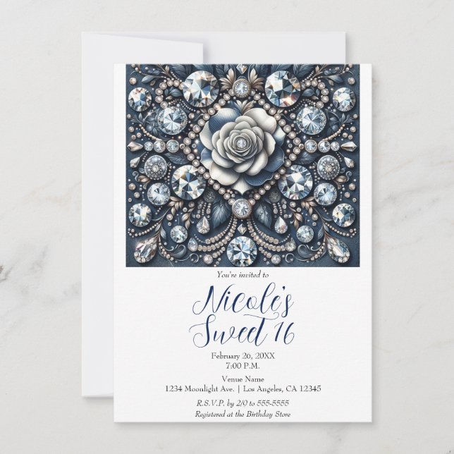 Invitation Denim & Diamonds Glam Bling Rose Sweet 16 Annivers (Devant)