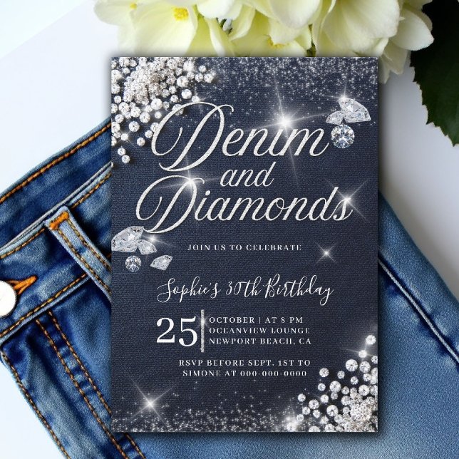 Invitation Denim Diamonds Glam Script Classy 30e anniversaire (denim and diamonds 30th birthday party invite glam script glitz bling sparkle blue white)