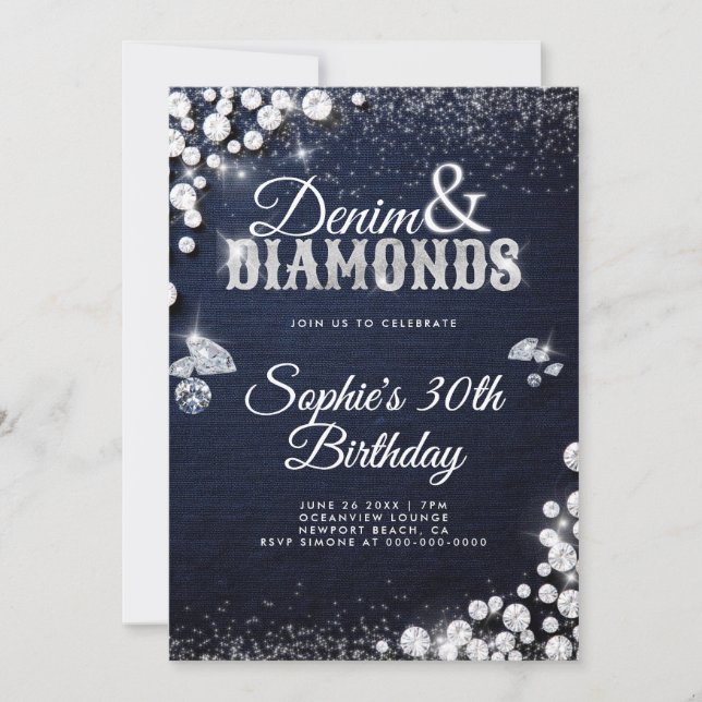 Invitation Denim Diamonds Glam Script élégant 30e anniversair (Devant)