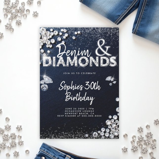 Invitation Denim Diamonds Glam Type Élégant 30e anniversaire (denim and diamonds 30th birthday party invite glam type glitz bling sparkle blue white classy)