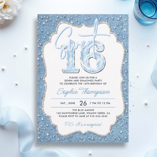 Invitation Denim Diamonds Glitter Elegant Frame Sweet 16 (sweet sixteen invitation 16th birthday denim diamonds elegant frame bling fashion teen girl)