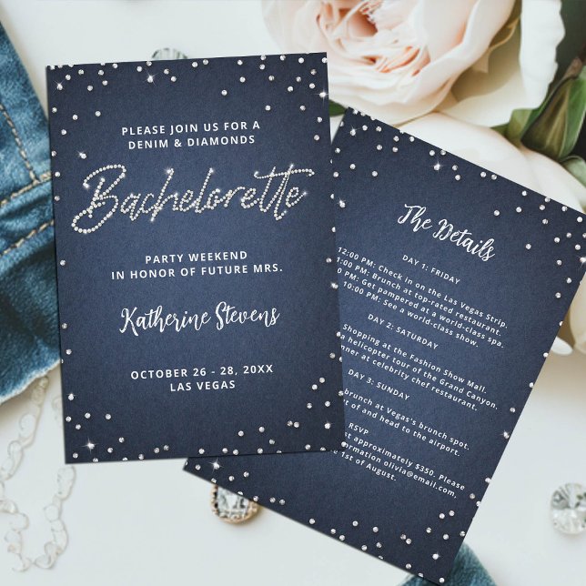 Invitation Denim Diamonds Itinéraire Blue Bachelorette Party (denim and diamonds bachelorette invitation itinerary glitter bling glitz glam blue white classy chic)