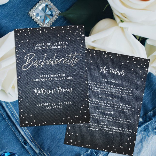Invitation Denim Diamonds Itinéraire Classé Bachelorette Part (denim and diamonds bachelorette invitation itinerary glitter bling glitz glam blue white classy)