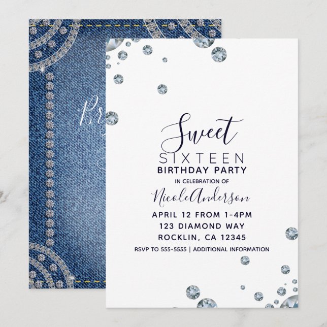 Invitation Denim & Diamonds Jean Anniversaire Sweet 16 Party (Devant / Derrière)