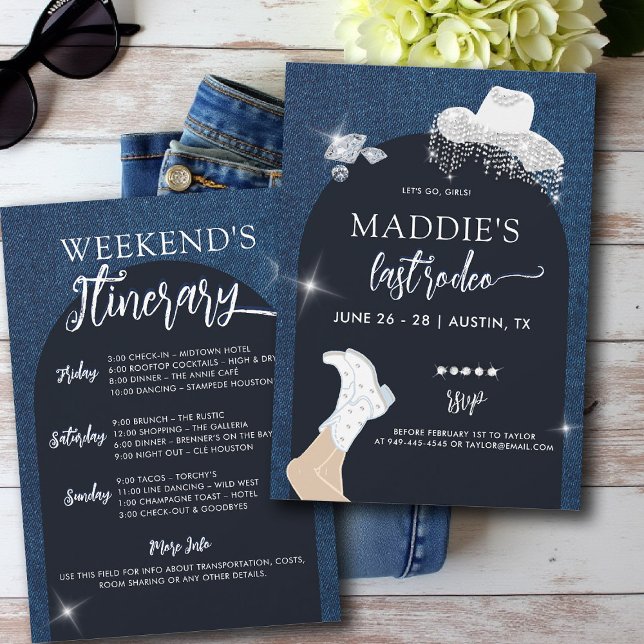 Invitation Denim Diamonds Laissons Aller Filles Arch Bachelor (denim and diamonds bachelorette party invite last rodeo glam bling lets go girls itinerary arch)