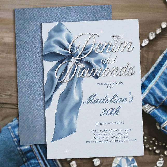Invitation Denim Diamonds Light Blue Bow 30th Birthday Party (denim and diamonds 30th birthday party invitation blue white bow bling sparkles classy)
