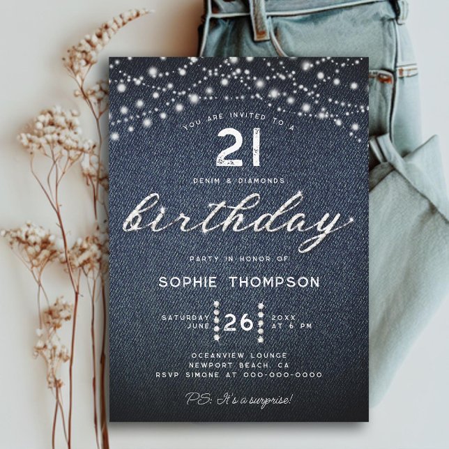 Invitation Denim Diamonds Lumières rustiques 21e anniversaire (RUSTIC LIGHTS 21ST BIRTHDAY INVITATION FOR WOMEN ELEGANT RHINESTONES CALLIGRAPHY BOHO GLITTER MODERN)