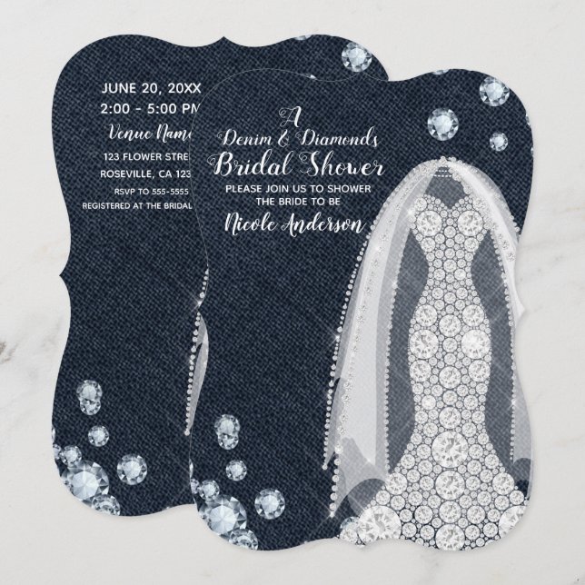 Invitation Denim & Diamonds Mariage Champêtre Moderne et Élég (Devant / Derrière)