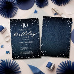 Invitation Denim Diamonds Moderne Rustique 40e fête d'anniver<br><div class="desc">Un modèle simple, moderne, élégant et chic d'invitation à la fête d'anniversaire avec un arrière - plan denim bleu, le mot BIRTHDAY couvert de diamants blancs (simulé, pas de vrais diamants) et dans le script de calligraphie moderne, et typographie rustique en blanc. Un design chic "denim and diamants" pour une...</div>