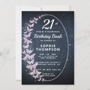 Invitation Denim Diamonds Papillon rose Cadre Anniversaire