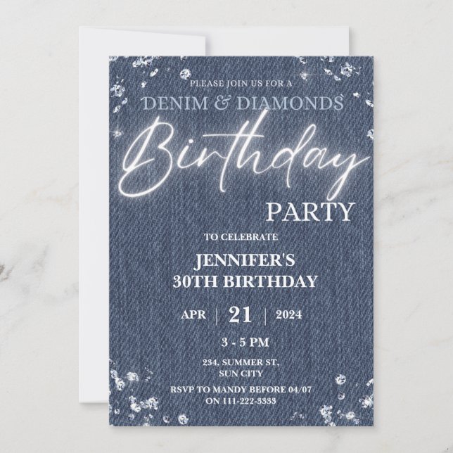 Invitation Denim Diamonds Parties scintillant Bling Élégant A (Devant)
