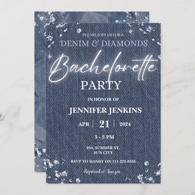 Invitation Denim Diamonds Parties scintillant Bling Élégant B (Devant / Derrière)
