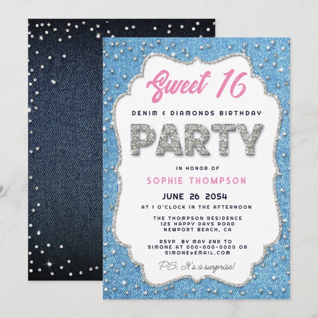 Invitation Denim Diamonds Parties scintillant Cadre Sweet 16  (Devant / Derrière)