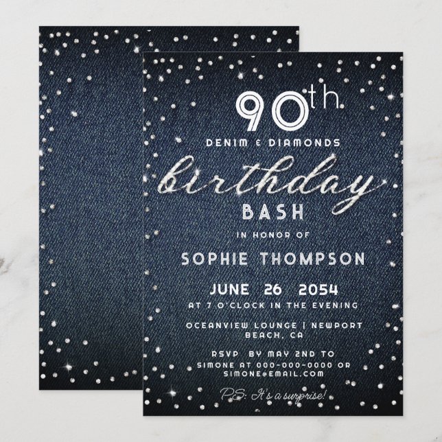 Invitation Denim Diamonds Parties scintillant moderne 90e ann (Devant / Derrière)
