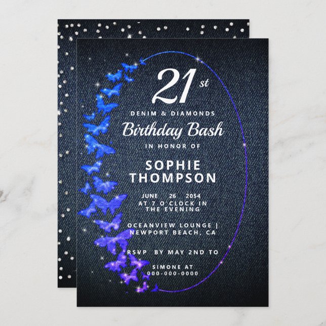 Invitation Denim Diamonds Parties scintillant Papillons fête  (Devant / Derrière)