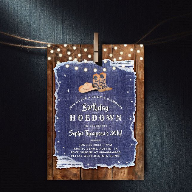 Invitation Denim Diamonds Party Cowgirl Chic Rustic Anniversa (denim and diamonds party invitation rustic wood blue white cowgirl boots hat lights birthday hoedown)