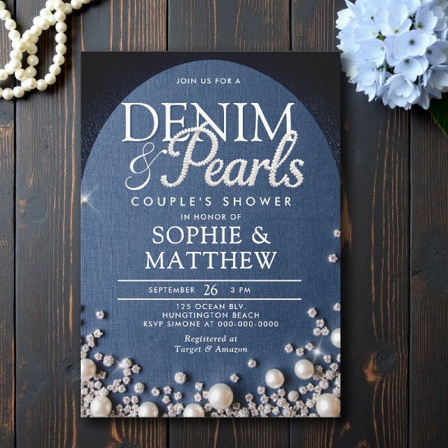 Invitation Denim Diamonds Pearls Arch Coed Blue Couple Douche (denim and pearls couple shower invitation bridal wedding diamonds blue white arch elegant coed)