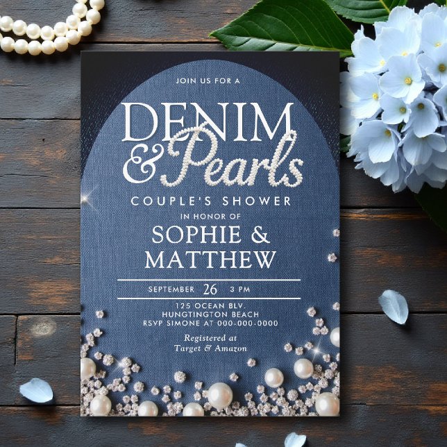 Invitation Denim Diamonds Pearls Arch Coed Chic Couple Douche (denim and pearls couple shower invitation bridal wedding diamonds blue white arch elegant classy coe)