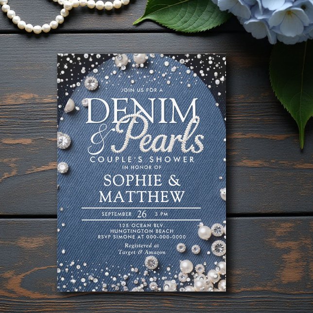 Invitation Denim Diamonds Pearls Blue Arch Chic Couple Douche (denim and pearls couple shower invitation bridal wedding diamonds blue white arch elegant his hers)