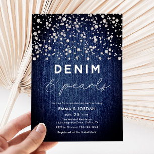 Invitation Denim Diamonds Pearls Blue Elegant Couples Douche