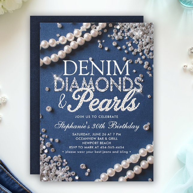 Invitation Denim Diamonds Pearls Chic Classy Design Anniversa (denim diamonds and pearls party ideas modern classy elegant blue white invites diy invites templates)