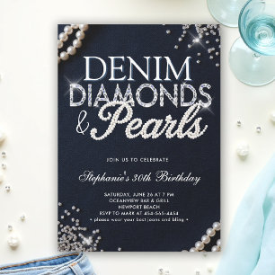 Invitation Denim Diamonds Pearls Chic Classy Élégant Annivers
