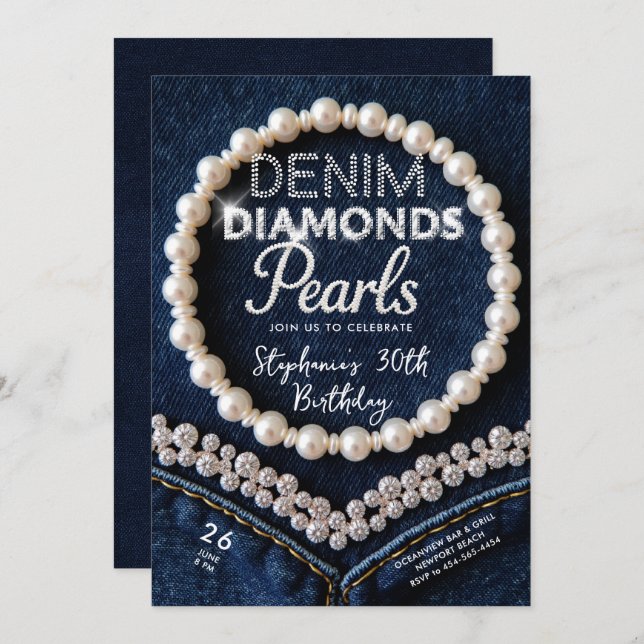 Invitation Denim Diamonds Pearls Chic Classy Moderne Annivers (Devant / Derrière)