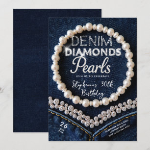 Invitation Denim Diamonds Pearls Chic Classy Moderne Annivers