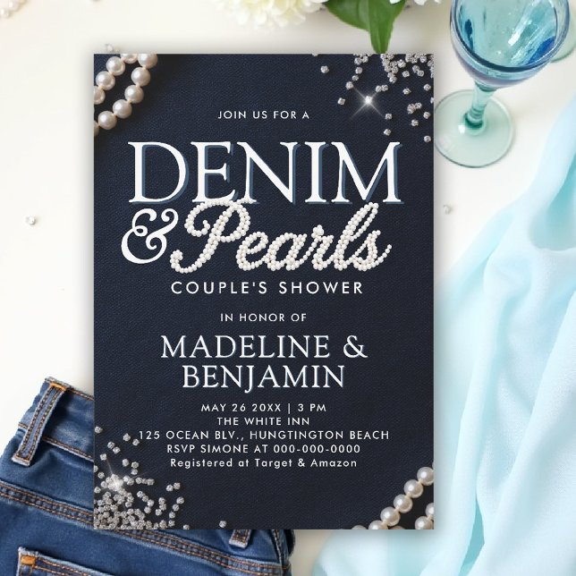 Invitation Denim Diamonds Pearls Elégant Couple Bleu Douche (denim and pearls couple wedding shower invitation coed jack jill blue white elegant modern trendy)