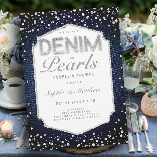 Invitation Denim Diamonds Pearls Frame Elégant Mariage Douche (wedding shower ideas denim diamonds pearls invitations coed jack jill couples blue white casual)