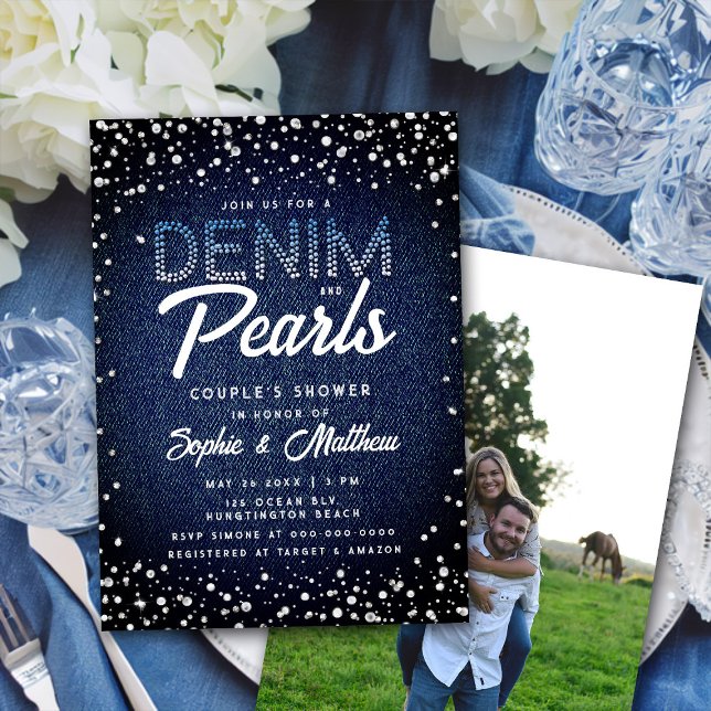 Invitation Denim Diamonds Pearls Photo Couple Douche (Créateur téléchargé)