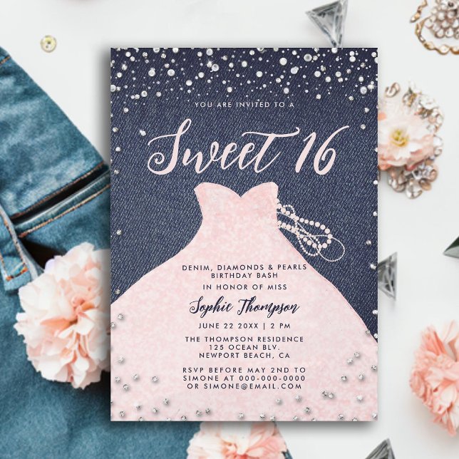 Invitation Denim Diamonds Pearls Rose Princess Robe douce 16 (denim diamonds pearls princess dress sweet 16 invitation elegant modern trendy girly chic blue pink)