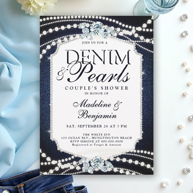 Invitation Denim Diamonds Pearls Wedding shower de cadre élég (denim and pearls couple wedding shower invitation coed jack jill blue white elegant modern frame)